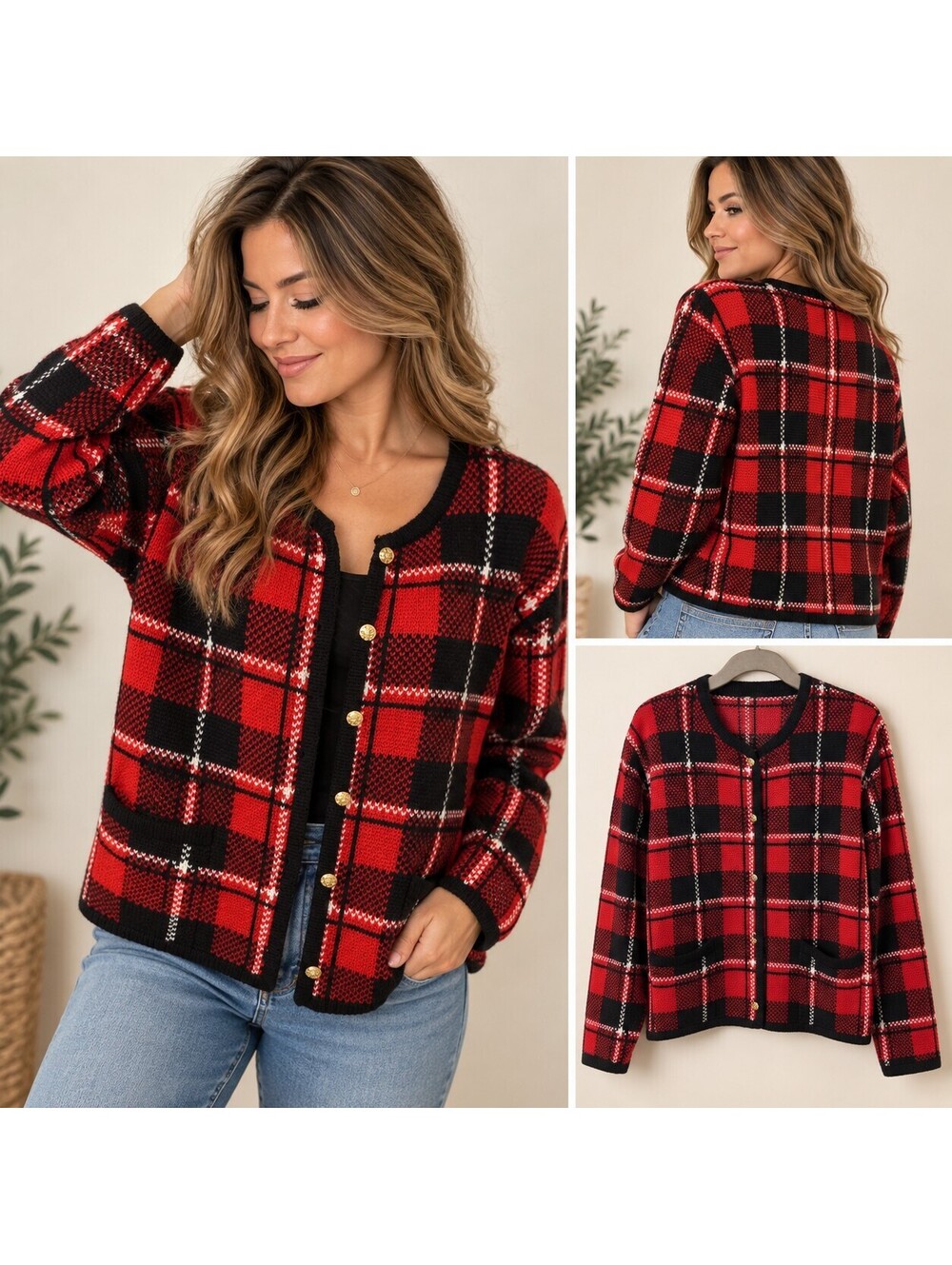 Crystal Kobe red plaid cardigan sz M
